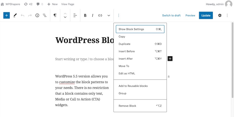 WordPress new block editor UI